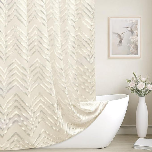 Cream Shower Curtain Boho Farmhouse Shower Curtain 72”W x 72”L Tufted Chevron Textured Minimalist Shower Curtains for Bathroom