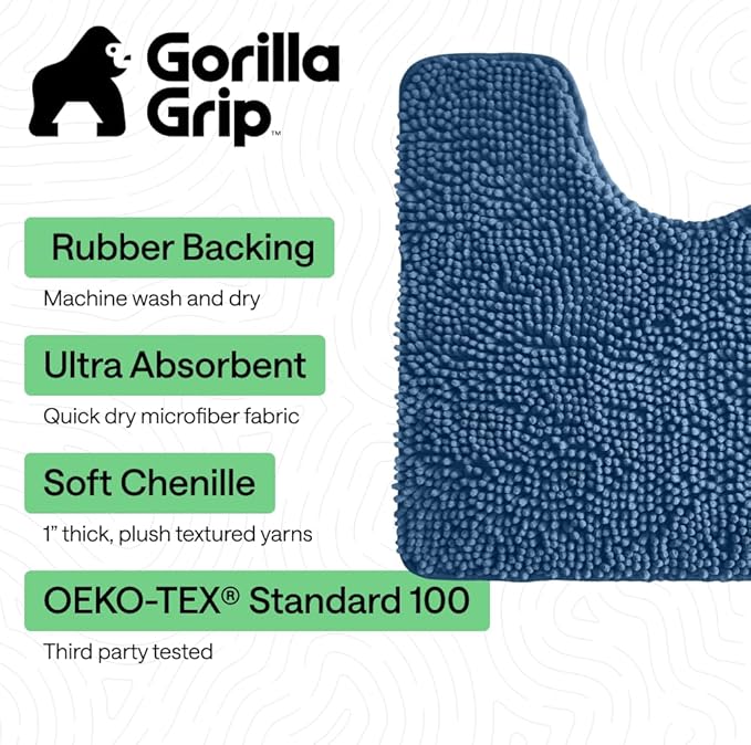 GORILLA GRIP Plush Absorbent Shaggy Chenille Bath Rug Mat for Oval Toilet Base with Rubber Backing, Machine Washable Rugs, Soft Microfiber Contour Mats for Toilets, Quick Dry, Bathroom Decor, Blue