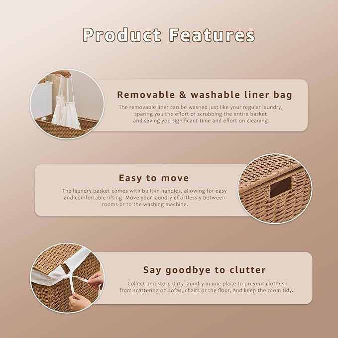 Handwoven Laundry Hamper with Lid, Natural Hyacinth Heightened Feet Laundry Basket, Wicker Clothes Hamper with Removable Liner Bag (Wicker, 120L)
