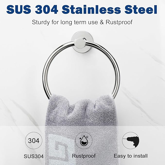 NearMoon Bath Towel Ring, Bathroom Hardware Accessories-Thicken Stainless Steel Hand Towel Holder for Bathroom, Modern Round Towel Hanger Wall Mounted (Chrome, 4 Pack)