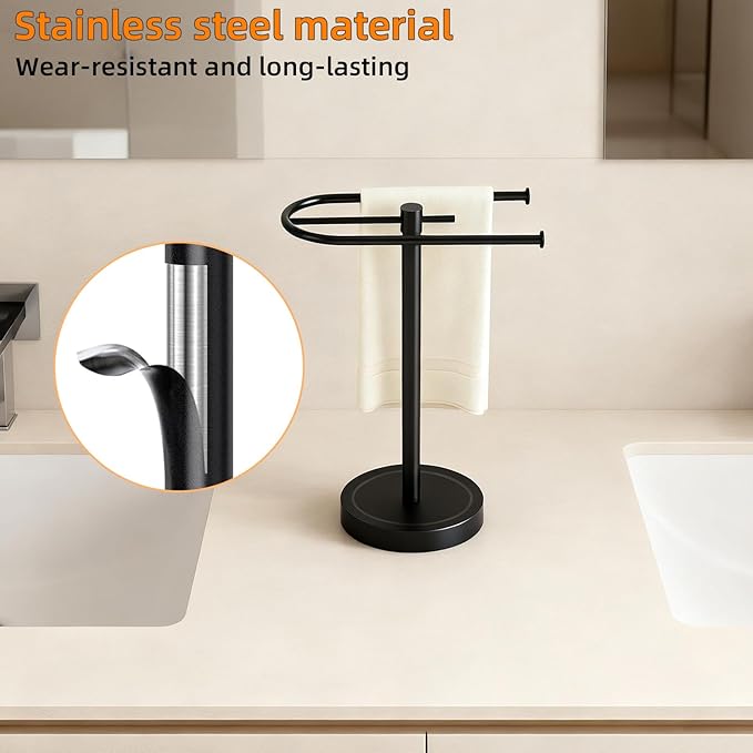 Towel Holder Stand, Stainless Steel Hand Towel Holder Rack for Bathroom Countertop, C-Shape Free Standing Towel Bar Holds 2 Towels for Bathroom Kitchen Countertop, Matte Black