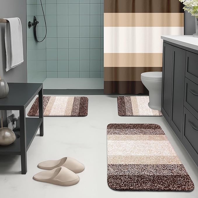 Britimes Brown Stripes Bathroom Sets with Shower Curtain and Rugs, Ombre Modern Minimalist Striped Waterproof Shower Curtain Liner and Soft Non Slip Bath Mat for Bathroom Decor and Accessories Hooks