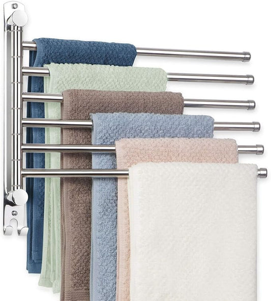 Towel Rack Wall Mounted JSVER Bathroom Towel Rack, Space Saving Towel Holder, 13.4 Inches Swivel SUS304 Stainless Steel Towel Bar, 180° Rotation 6 Arms Towel Racks for Bathroom