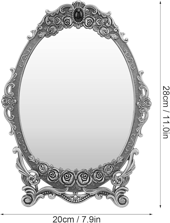 TOPINCN Vintage Oval Floral Embossed Retro Desktop Makeup Mirror with Stand, Clear Image, Zinc Alloy Frame, Wall Mount, Antique Pewter Mirror, 1 Count