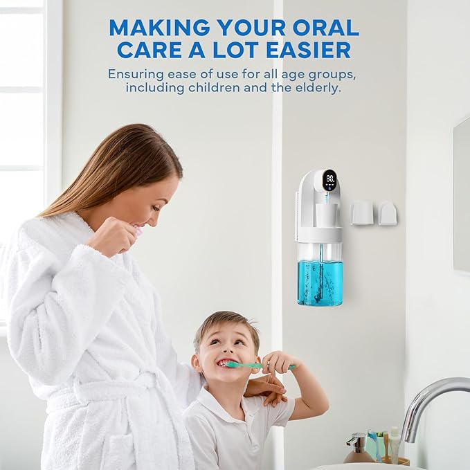 Automatic Mouthwash Dispenser for Bathroom, 21.12 oz Touchless Smart Mouth Wash Dispensers Bathroom Accessories Set with 4 Magnetic Cups, 4 Modes Wall Mounted Mouth Wash Dispenser for Home & Kids