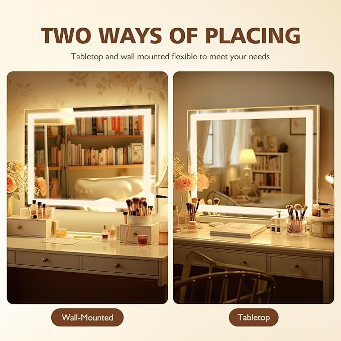 Hollywood Vanity Mirror with Lights 23 x 19 Large Vanity Mirror 10X Magnifying Compact Mirror 3 Colors Modes Touch Control Mirror with Lights