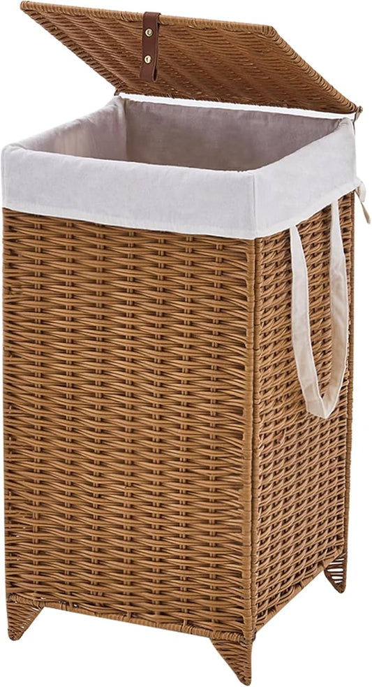 Handwoven Laundry Hamper with Lid, Natural Hyacinth Heightened Feet Laundry Basket, Wicker Clothes Hamper with Removable Liner Bag (Wicker, 65L)