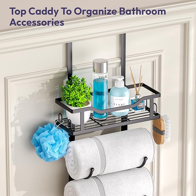 SWTYMIKI Over The Door Towel Rack - 9 Tier Towel Racks for Bathroom Wall Mounted, Towel Holder with Shelf, Hanging Rolled Towel Storage Organizer for Small Bathroom, Camper, RV, Black