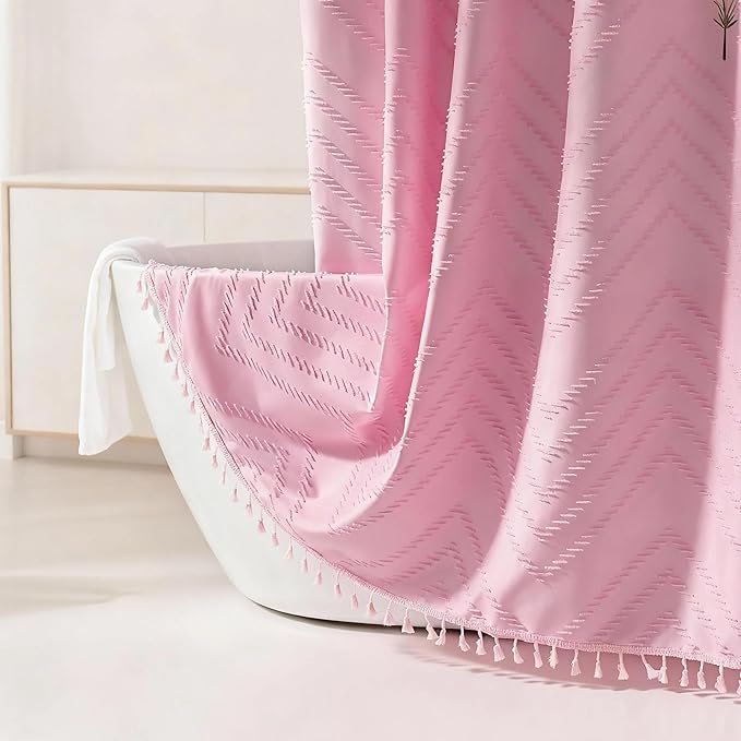Extra Long Shower Curtains 72 x 84 Inches Tufted Chevron Pink Shower Curtains Fabric for Bathroom Modern Shabby Chic Waterproof Cloth Shower Curtain