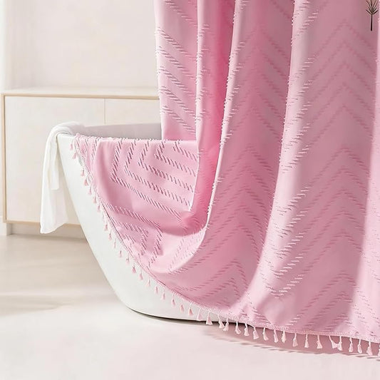 Extra Long Shower Curtains 72 x 78 Inches Tufted Chevron Pink Shower Curtains Fabric for Bathroom Modern Shabby Chic Waterproof Cloth Shower Curtain