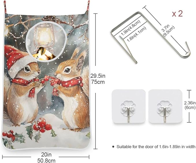 Christmas Squirrels Watercolor White Door Hanging Laundry Hamper Bag with Free Adjustable Stainless Steel Hooks Dirty Clothes Hamper Extra Large Over the Door Laundry Hamper 29.5X20inch 1 PCS