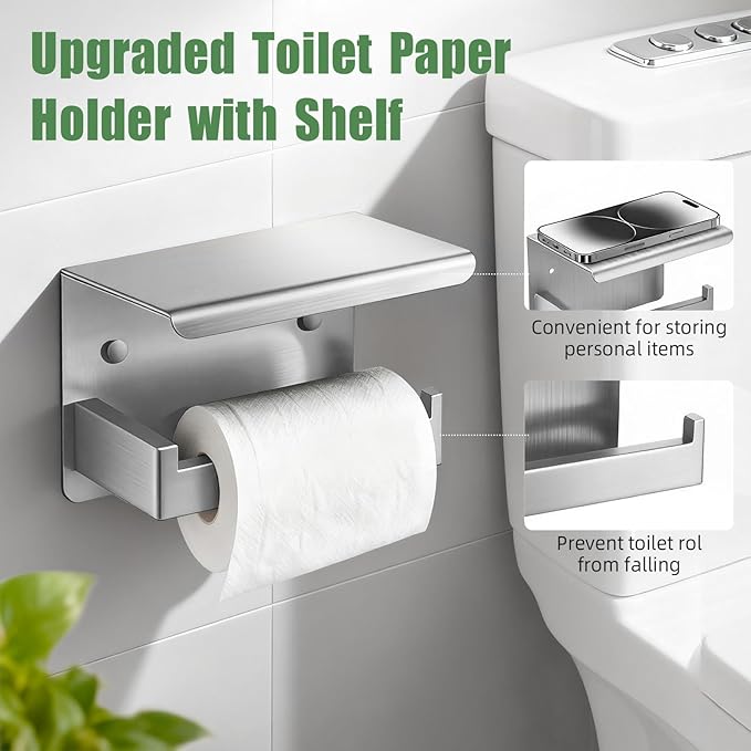 Brushed Nickel Bathroom Accessories 6-Piece, Stainless Steel Classic Bathroom Hardware Set, 16" Towel Bar, Toilet Paper Holder with Shelf, 2 Towel Rings & 2 Hooks, Wall Mounted for Bathroom Apartment