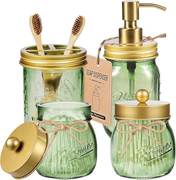 Amolliar Green Bathroom Accessories Set, 4Pcs Mason Jar Glass Bathroom Set, Lotion Soap Dispenser, Toothbrush Holder, 2 Qtip Holders, Rustic Farmhouse Bathroom Decor, Countertop Vanity Organizer, Gold