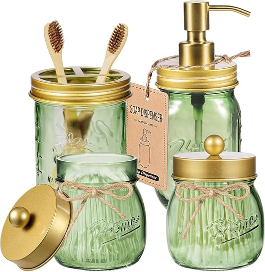 Amolliar Green Bathroom Accessories Set, 4Pcs Mason Jar Glass Bathroom Set, Lotion Soap Dispenser, Toothbrush Holder, 2 Qtip Holders, Rustic Farmhouse Bathroom Decor, Countertop Vanity Organizer, Gold