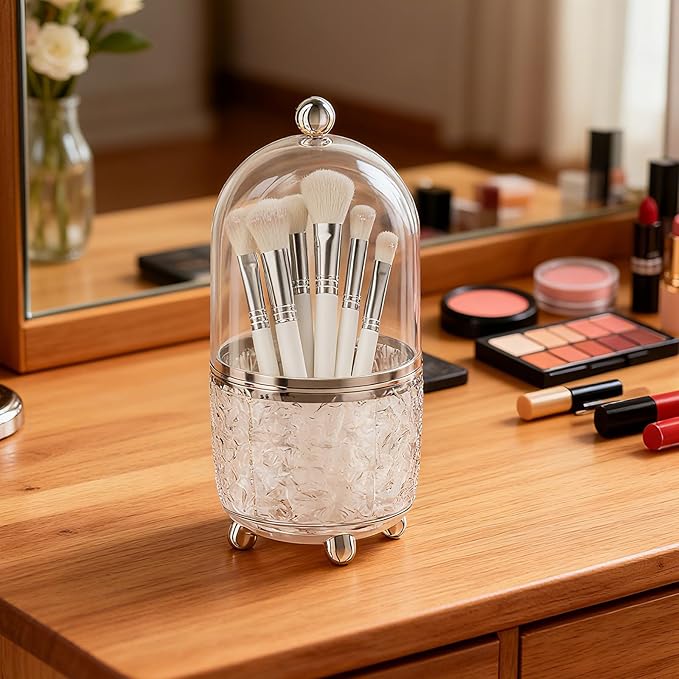 Makeup Brush Holder with Lid, Cosmetic Tools Organizer with Cover, 360° Rotating Sliding Opening Dustproof Brushes Container for Vanity, Ideal Gift for Girlfriend Wife Friends (Silver)