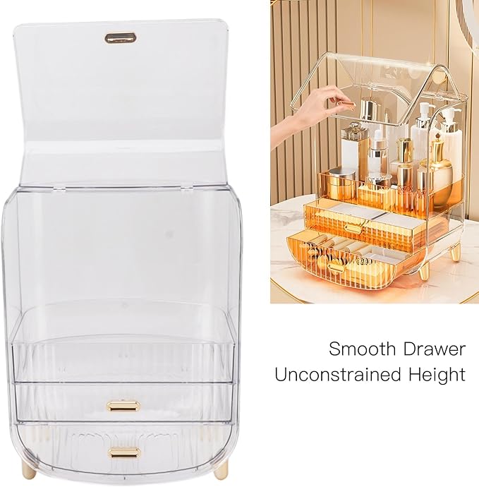 Beauty Organizer Cosmetic Cosmetic Drawers Case, Makeup Organizer Box Storage Box and Lid for Bedroom, Dressing Table and Bathroom (Transparent)