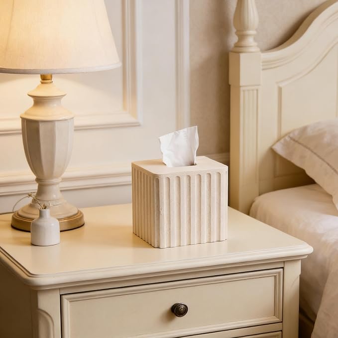 Striped White Sandstone Tissue Box Cover Square for Home Decor,Resin Heavy Tissue Box Holder for Bathroom Countertop,Tabletop,Bedside Table,Office (Handmade of Resin)