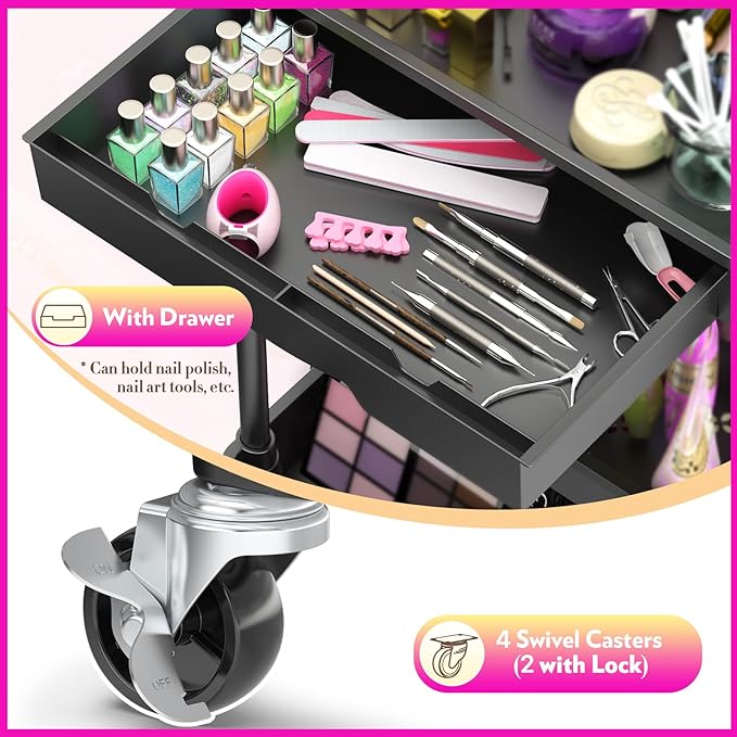 Makeup Cart Organizer with Drawers, Floor Skincare Organizers Vanity Storage Organizer, Rolling Makeup Bathroom Storage Cart Cosmetics Display Cases for Skin Care Perfume Nail Polish, Black