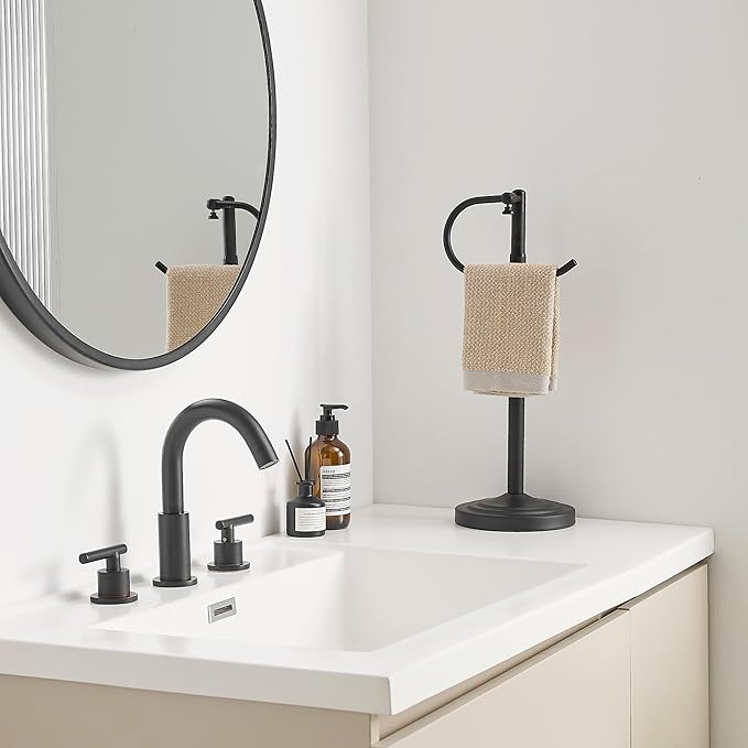 RFOUO Hand Towel Holder Stand,Standing Towel Racks for Bathroom,Hand Towel Holder for Bathroom Kitchen Vanity Countertops,Stainless Steel Adjustable Towel Bar 16.5-26 Inch(Matte Black)