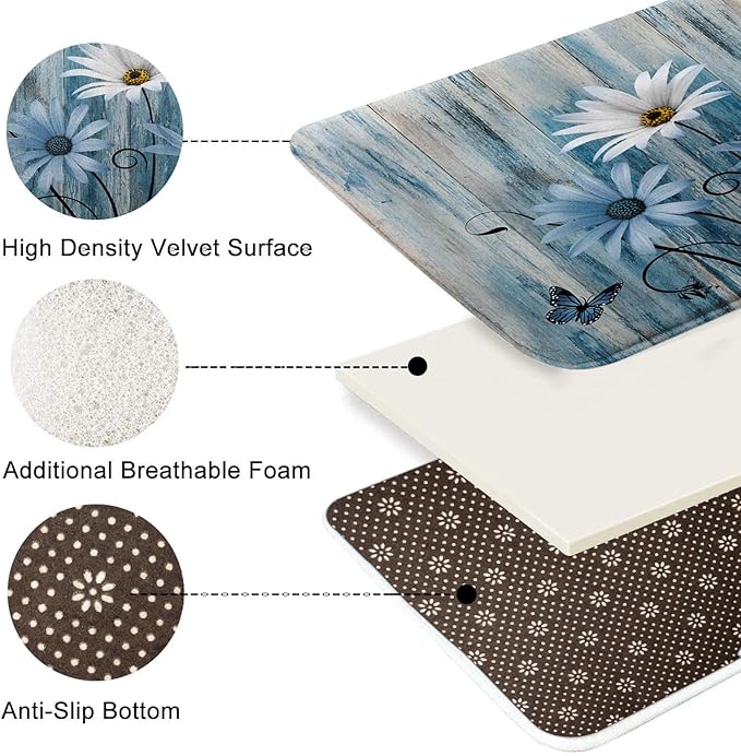 ArtSocket Blue Daisy Bathroom Set with Shower Curtain and Bath Rugs and Accessories,Wooden Boards Non-Slip Shower Curtain Set,Bathroom Decor 3 Pcs