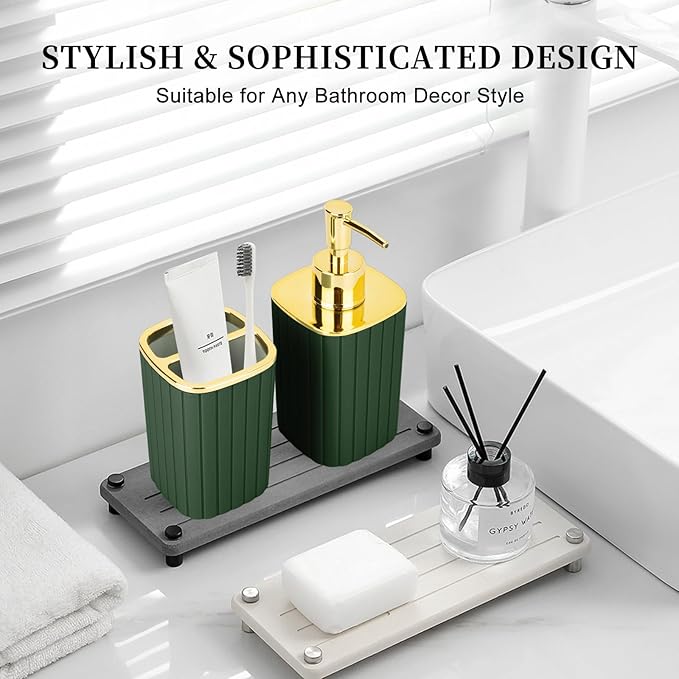 2PCS Bathroom Accessories Set, Dark Green Bathroom Accessories Include Soap Dispenser and Toothbrush Holder for Boho Bathroom Decor
