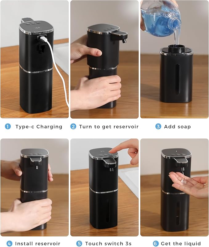2 Pack Automatic Liquid Soap Dispenser, 13.5oz/400mL, USB Rechargeable, 9-Adjustable Liquid Levels, IPX5 Waterproof, Touchless & Wall/Tabletop Use for Kitchen Bathroom, Black