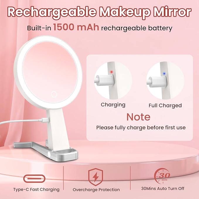 Makeup Mirror with Lights and Magnification, Double-Sided 10X Magnifying Mirror, Portable Lighted Makeup Mirror with 3 Color Lights, Rechargeable Make up Mirror 3 in 1 Tabletop, Handheld, Hanging