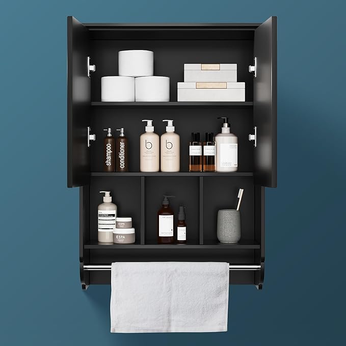 VANIRROR Bathroom Wall Cabinet with Towel Bar,Wooden Medicine Cabinet Adjustable Shelves,23x32 Inch Kitchen Cabinet,Over Toilet Storage Cabinet for Bathroom,Kitchen,Laundry