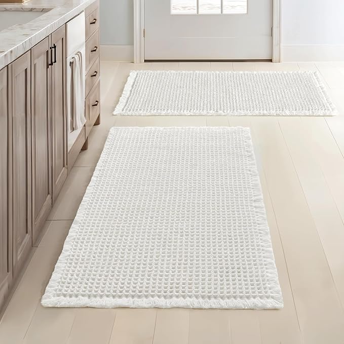 MIULEE Set of 2 Waffle Bathroom Rugs, Boho Bath Rugs Non Slip Washable, Super Absorbent Bath Mats, Ultra Soft Rubber Backed Shower Mats for Bathroom Floor, Tub and Shower, White, 24x36 Inch