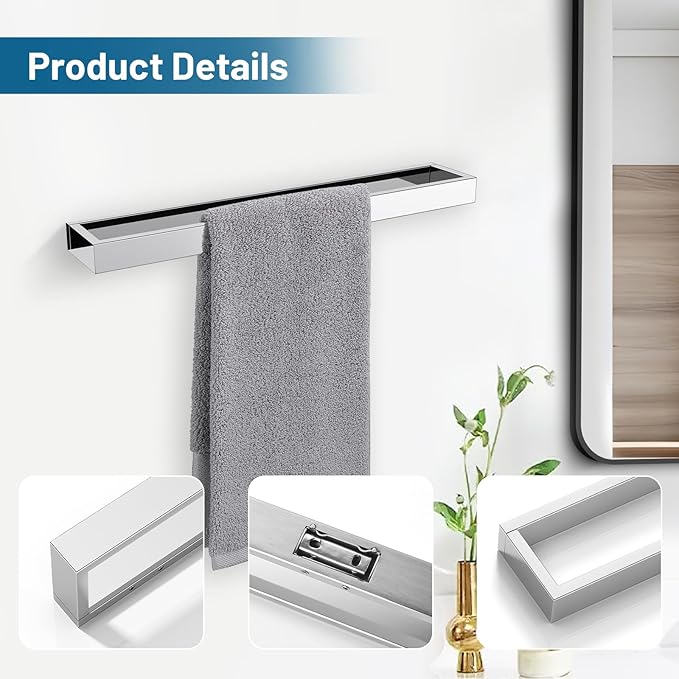 TNOMS Single Towel Bar Towel Holder Bathroom Hardware Accessories,Stainless Steel Wall-Mounted Towel Rack Towel Rail,16 Inches Polished Chrome