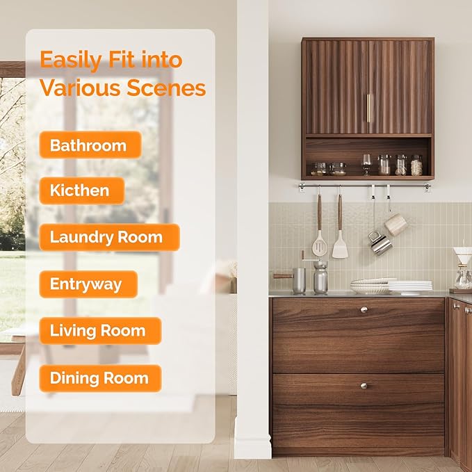VINGLI Bathroom Wall Cabinet, Walnut Fluted Medicine Cabinet with Doors, Wall Mounted Storage Cabinet Over Toilet with Adjustable Shelf, Mid-Century Hanging Organizer for Kitchen, Laundry