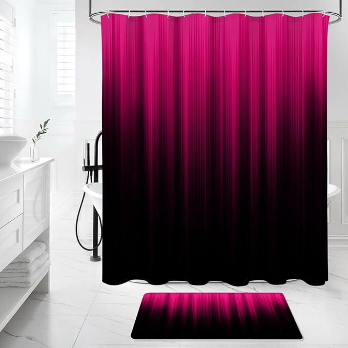 Litabel 4 Pcs Hot Pink and Black Gradient Shower Curtain Set with Rugs and Toilet Lid Cover, Modern Simple Waterproof Fabric Bathroom Set, Ombre Stripe Gothic Abstract Bathroom Decor Set Accessories