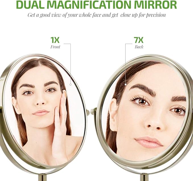 OVENTE 7'' Tabletop Makeup Mirror with 1X/7X Magnification, 360° Swivel Design and Double-Sided Free-Standing Vanity Mirror Perfect for Dresser, Bedroom and Office Desk, Nickel Brushed MNLCT70BR1X7X