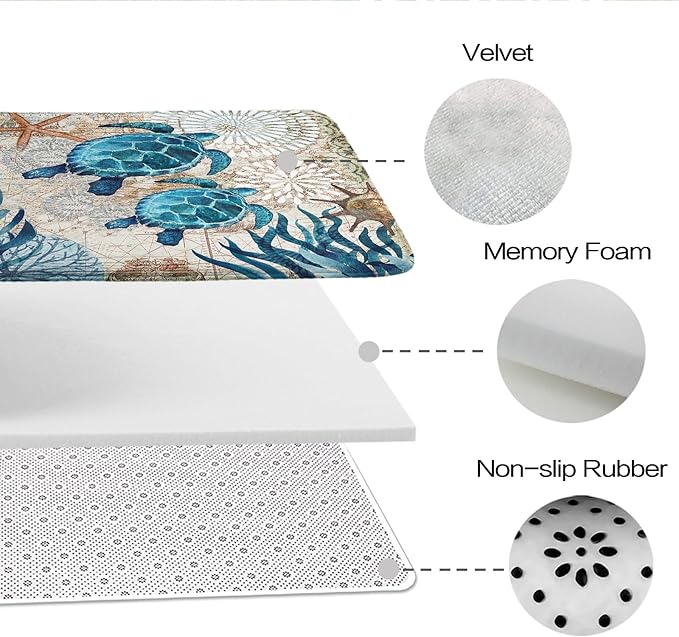 Nautical Sea Turtles Blue Ocean Beach Bathroom Rugs and Mats Sets 3 Piece, Memory Foam Bath Mat, U-Shaped Contour Shower Mat Non Slip Absorbent, Velvet Washable 20 x 31 inch