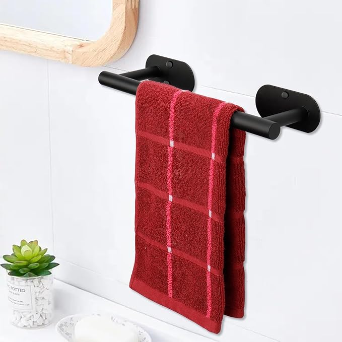 TocTen Self Adhesive Bathroom Towel Bar, Stick Towel Rack for Bathroom, Rustproof Stainless Steel Bath Towel Holder No Damage, Easy to Install Drill Free Towel Rod for Bathroom (Matte Black, 12 Inch)