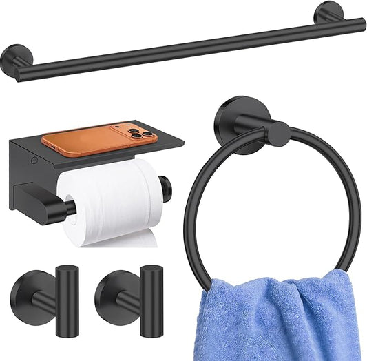 5 Pieces Bathroom Hardware Accessories Set Matte Black, 24Inch Round Towel Racks Set for Bathroom, SUS304 Stainless Steel Towel Bar Set, Toilet Paper Holder with Shelf Wall Mounted