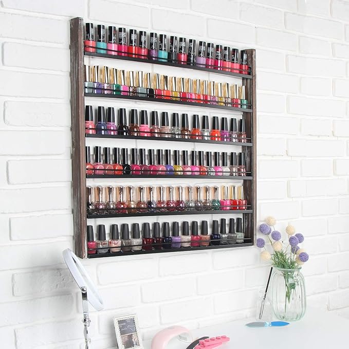 J JACKCUBE DESIGN Rustic Wood Nail Polish Organizer with 6 Tier shelves 100 bottles Wall Mount Display Rack Makeup Bottles Holder Storage for Nail Salon Bedroom Dress room - MK528A