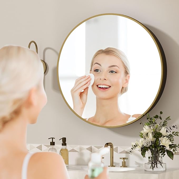 28 x 28 Inch Round Medicine Cabinet with Mirror,Gold Circular Bathroom Cabinet Wall Mounted,Metal Framed Mirror Medicine Cabinet with Adjustable Shelves for Bathroom Vanity