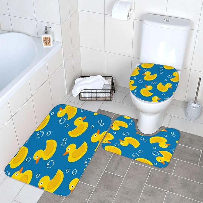 Ansouyi 4Pcs Bathroom Shower Curtain Sets with Non-Slip Rugs, Toilet Lid Cover and Bath Mat, Soap Bubbles Ducks on Blue Durable Waterproof Shower Curtain for Bathroom Set, 72x72 Inch