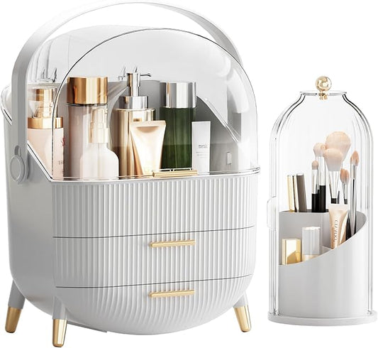fanado Makeup Organizers Countertop, Makeup organization for Vanity, Cosmetic Storage with Lid and Drawers, Skincare Display Cases with for Desktop, Bathroom (White)