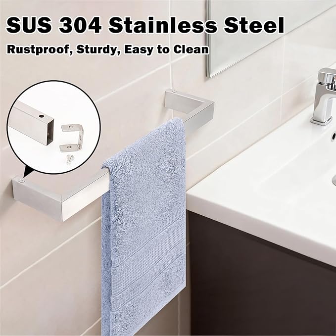 Livabber Square Bath Towel Bar, 304 Stainless Steel Towel Rack, Heavy Duty Towel Holder Wall Mounted for Bathroom Accessories, Kitchen, Brushed Nickel (12 Inch)