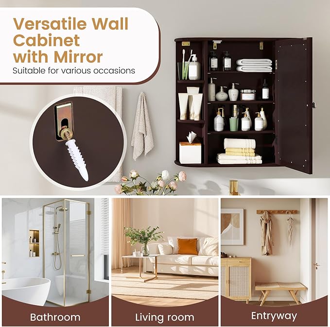 COSTWAY Medicine Cabinet with Mirror, Wall Mounted Bathroom Storage Cabinet with Mirror Door and Adjustable Shelves, Space-Saving Storage Organizer for Living Room Kitchen Entryway (Brown)