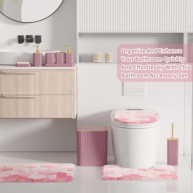 XLHOMO Bathroom Set - 26PC Bathroom Set with Shower Curtain and Rugs, Bathroom Accessory Set, Pink Bathroom Accessories Set, Trash Can & Soap Dispenser