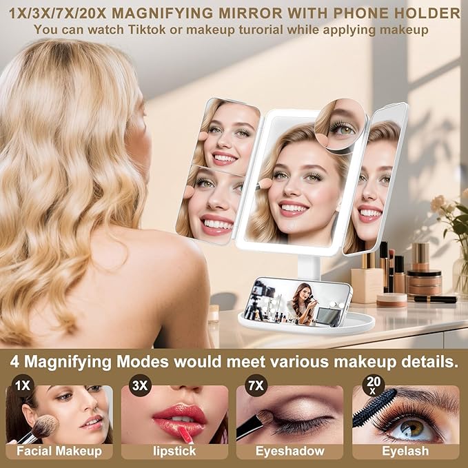 Mocado Makeup Mirror with Lights, 20X/7X/3X Magnifying Mirror with Light,Rechargeable & Height Adjustable Lighted Makeup Mirror,Vanity Mirror with 3 Colors Lights,Detachable Design for Travel(White)