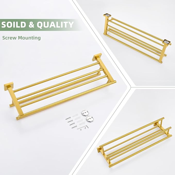 Angle Simple Towel Rack with Holder for Bathroom, SUS 304 Stainless Steel Wall Bath Towel Shelf with Double Bar, Brushed Dark Gold, 23.62 Inches