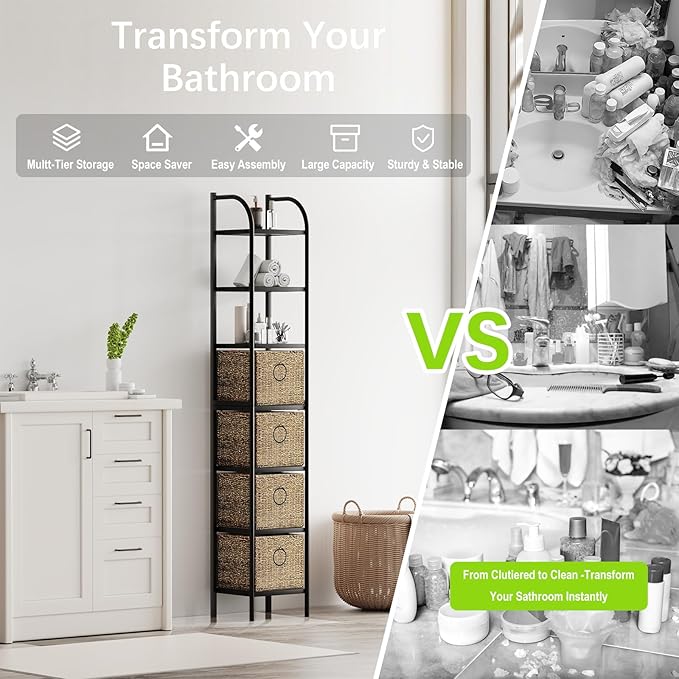 Zhongma Bathroom Storage Tower, 7-Tier Narrow Bookcase w/Baskets, Multifunctional Corner Shelving Unit for Living Room Bedroom