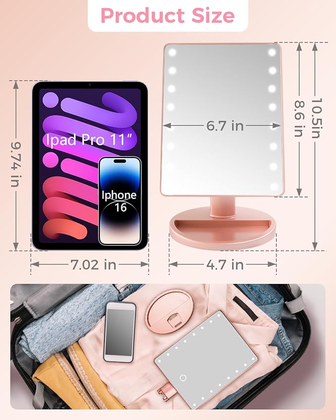 Lighted Makeup Mirror with Lights, Vanity Mirror with Lights, 16 LEDS Dimmable Desk Mirror with Light, Dual Power Supply, Gifts for Teenage Girls, Dorm Room Essentials for College Student (Rose Gold)