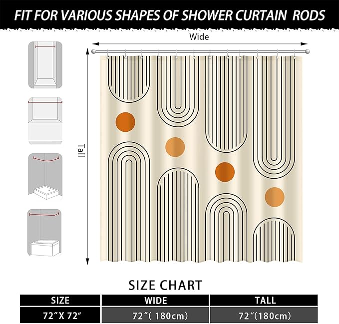 Boho Mid Century Shower Curtain Set, Modern Minimalist Arch Lines Sun Abstract Aesthetics Bathroom Decor, Waterproof Fabric Beige Bohemian Bath Curtain with 12 Hooks 72x72 inches