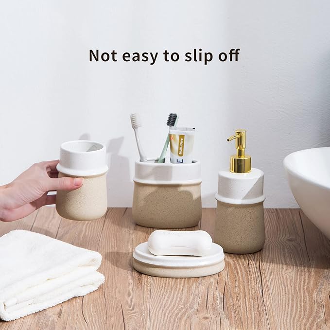 Bathroom Accessories Set,Farmhouse Bathroom Decor,4 Pcs Ceramic Gift Set Apartment Necessities, Contain Toothbrush Cup,Soap Dispenser,Soap Dish,Tumbler,Beige