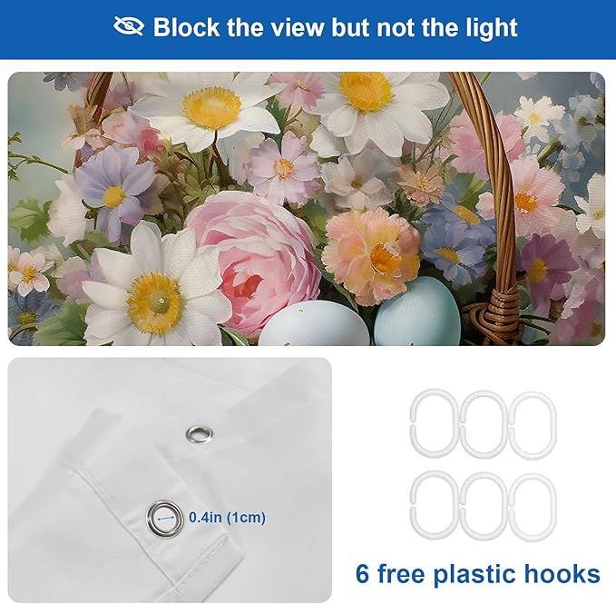 Shrahala Basket Flowers Eggs Decorative Shower Curtain, A Basket Filled with Flowers and Eggs Bathroom Décor Polyester Fiber Waterproof with Plastic Rings for Shower Stall Bathtubs 72 X 36 in